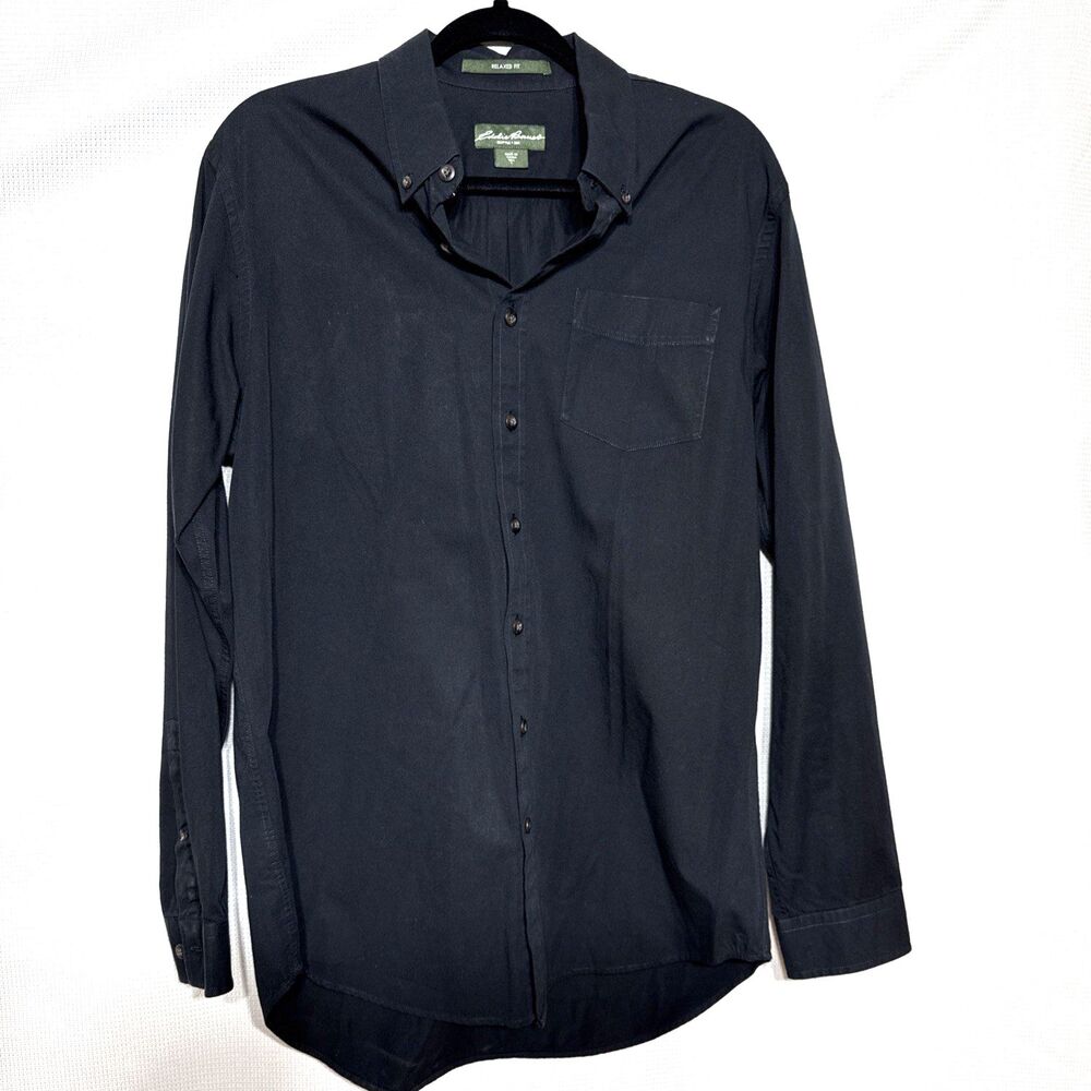 Eddie Bauer Button Black Dress Shirt Mens L Tall - LT - Relaxed Fit 100% Cotton